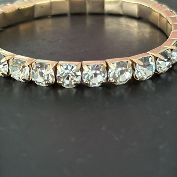 Set of 2 Gold Tone Bracelets with CZ Accents — Open Bangle Cuff and Stretch Duo - Picture 6 of 9